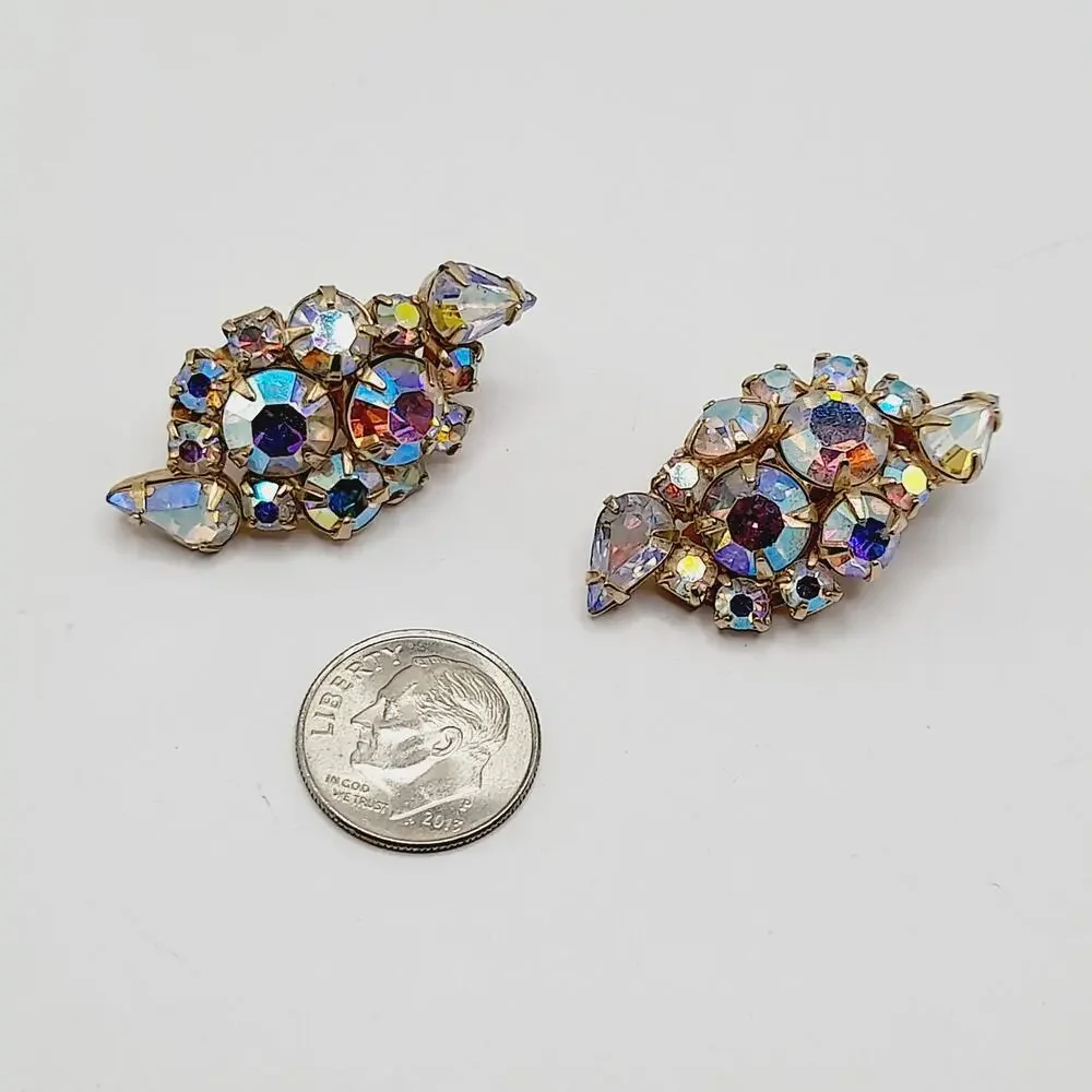 Vintage 1960s Aurora Borealis Rhinestone Clip Earrings Gold Tone